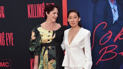 Irish actress Fiona Shaw, left, and Canadian actress Sandra Oh arrive for BBC America and AMC's 'Killing Eve' season 2 premiere. AFP