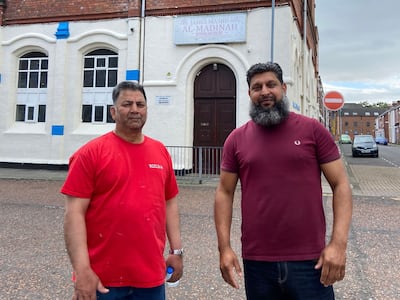 Najabat Ramzan, spokesman for Jamia Masjid Al Madinah mosque in Middlesbrough, right, with Mohammed Yaqoob, chairman of the mosque. Nicky Harley / The National