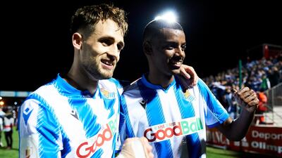 Adnan Januzaj, left, and Alexander Isak of Real Sociedad celebrate after beating Mirandes on Wednesday to reach the Copa del Rey final. Getty