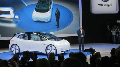 The VW chief executive Herbert Deiss introduces the new ID electric car. Michel Euler / AP