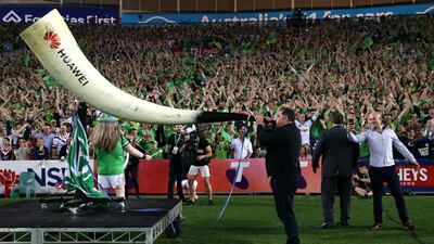 Rugby league legend Mal Meninga blows the horn to commence the Viking Clap Ceremony at the NRL Grand Final match between the Canberra Raiders and the Sydney Roosters on Sunday, October 6. Getty
