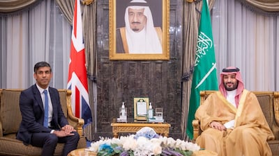British Prime Minister Rishi Sunak meets Saudi Crown Prince, Mohammed bin Salman in Riyadh, Saudi Arabia. SPA