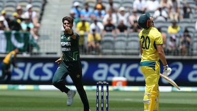 Pakistan’s Shaheen Afridi celebrates the wicket of Australia’s Aaron Hardy in Perth. AFP