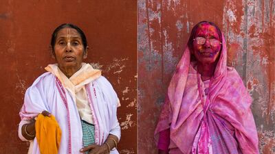 Geeta Shanti Giri, 60, poses for photographs before and after celebrating Holi in Vrindavan. , 84, poses for photographs before and after celebrating Holi in Vrindavan.