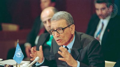 Boutros Boutros-Ghali, Secretary-General of the United Nations, is shown addressing a press conference at United Nations.