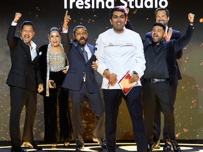 Chef Himanshu Saini, in white, with the Tresind Studio team at the 2025 Michelin Guide Dubai ceremony. Photo: Michelin