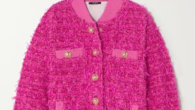 Embellished metallic boucle-tweed bomber jacket, Dh7,276.67, Balmain + Barbie at www.net-a-porter.com. Photo: Balmain / Mattel 2023