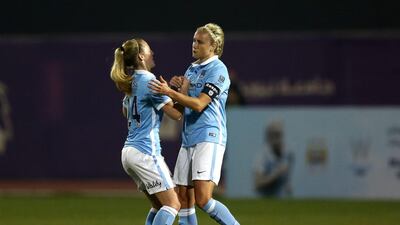 Steph Houghton, captain of Manchester City women, scores the opening goal during the Fatima Bint Mubarak Ladies Sports Academy Challenge between Melbourne City Women and Manchester City Women at New York University Abu Dhabi Campus on February 17, 2016 in Abu Dhabi, United Arab Emirates. Warren Little/Getty Images