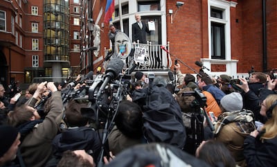Wikileaks founder Julian Assange speaks from the balcony of the Ecuadorian embassy. Getty Images