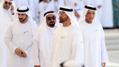 Sheikh Mohamed bin Zayed attends the Commemoration Day ceremony. Pictured with Dr Sheikh Sultan bin Mohammed Al Qasimi, Ruler of Sharjah, centre left, Sheikh Saud bin Saqr Al Qasimi, Ruler of Fujairah, right, and Sheikh Hamdan bin Mohamed, Crown Prince of Dubai, left. All photos by Chris Whiteoak / The National