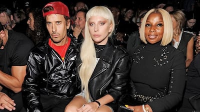 From left, Steven Klein, Lady Gaga and Mary J Blige attend the Alexander Wang Spring 2016 show during New York Fashion Week on Saturday. Craig Barritt / Getty Images / AFP
