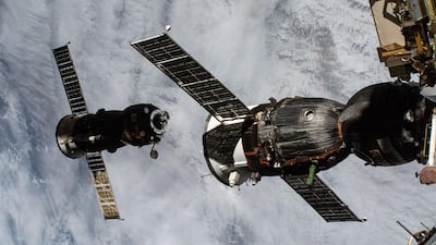 The ISS Progress 76 resupply ship backs away from the International Space Station after it had undocked moments earlier from the Pirs docking compartment on February 9, 2021. In the foreground is the Soyuz MS-17 crew ship docked to the Rassvet module. Nasa