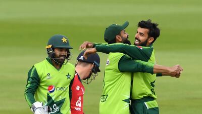 Pakistan bowler Shadab Khan celebrates the wicket of Tom Banton. Getty