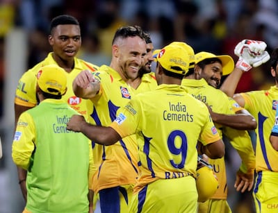South Africa's Faf du Plessis, centre, is one of the key players in the Chennai Super Kings side. Rajanish Kakade / AP Photo