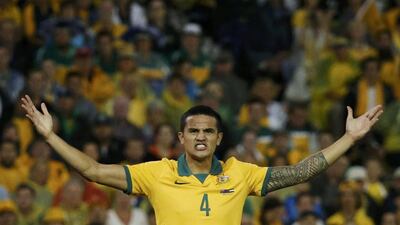 Australia's Tim Cahill celebrates after his team's first goal against the UAE in the Asian Cup semi-final on Tuesday. Jason Reed / Reuters