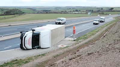 An overturned van near Blackwater, Cornwall. PA