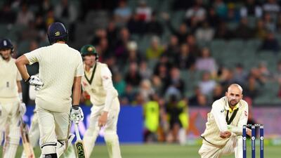 Nathan Lyon, right, reflects after his appeal for lbw is denied. David Mariuz / EPA