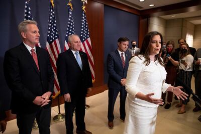Representative from New York Elise Stefanik (R) after she was elected to the House GOP Conference Chair position in the US Capitol in Washington, DC, USA, 14 May. EPA