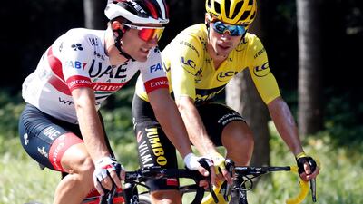 UAE-Team Emirates' Jan Polanc alongside Primoz Roglic. EPA