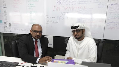 Walied Albasheer, left, and Abdelrahman Alhashmi, co-founders of Stationery.ae, plan to expand the business outside the UAE at beginning of next year. Jeffrey Biteng / The National