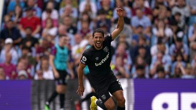 West Ham United's Pablo Fornals celebrates scoring against Aston Villa at Villa Park, Birmingham. PA