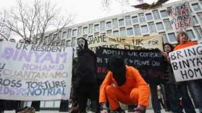 Protesters gather outside the US Embassy in London in February 2009 to demand the release of Binyam Mohamed, who alleges that he was tortured by US agents in Pakistan, Morocco, Afghanistan and Guantanamo Bay with the complicity of British intelligence.