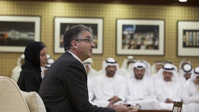 Dr Dimitri Christakis from the University of Washington (C), delivers a lecture titled "How Early Experiences Affect Brain Development", at Majlis Mohamed bin Zayed. ( Mohamed Al Hammadi / Crown Prince Court - Abu Dhabi )