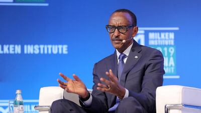 Paul Kagame, President of Rwanda, speaking during the Milken Institute MENA Summit 2019 in Abu Dhabi. Pawan Singh / The National