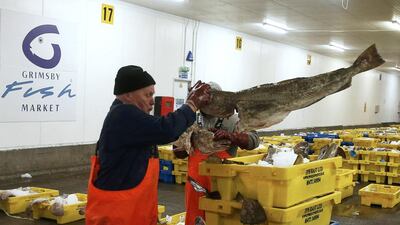 Workers move boxes of fish at the fish market in Grimsby. aPhil Noble / Reuters