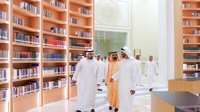 Sheikh Mohamed bin Zayed and Sheikh Mohamed bin Rashid tour the library.