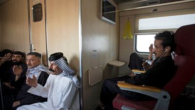 Shiite pilgrims aboard a train in Basra as they head to Karbala to mark Arbaeen. AFP