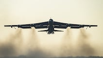 A US Air Force B-52 Stratofortress bomber takes off from RAF Fairford, in England. Getty Images