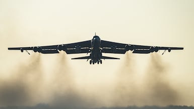 A US Air Force B-52 Stratofortress bomber takes off from RAF Fairford, in England. Getty Images