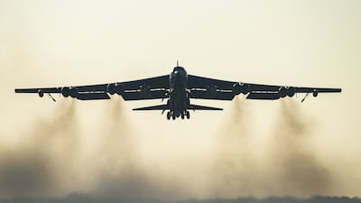 A US Air Force B-52 Stratofortress bomber takes off from RAF Fairford, England, on March 19. Getty Images