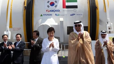 Sheikh Mansour bin Zayed, Deputy Prime Minister and Minister of Presidential Affairs, and South Korean’s president Park Geun-hye at the ceremony to install the Korean-built nuclear reactor in Barakah on May 20, 2014. Yonhapnews / EPA