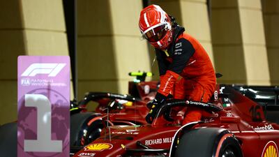 Pole qualifier Charles Leclerc climbs from his Ferrari. Getty