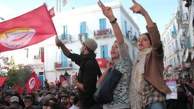 Members of the leftist UGTT union commemorate the 1955 assassination of a member before clashes with the League for Protection of the Revolution last week in Tunis.