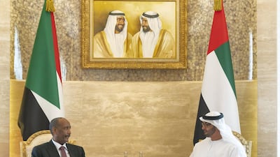 Sheikh Mohamed bin Zayed, Crown Prince of Abu Dhabi and Deputy Supreme Commander of the Armed Forces, meets with General Abdel Fattah Al Burhan, Chairman of Sudan's Sovereign Council, at Al Shati Palace. Ministry of Presidential Affairs