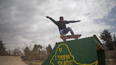 An Ethiopian skater, part of the Ethioskate organisation, performing stunts in the Sarbet area of Addis Ababa on March 12, 2015. Zacharias Abubeker/AFP Photo