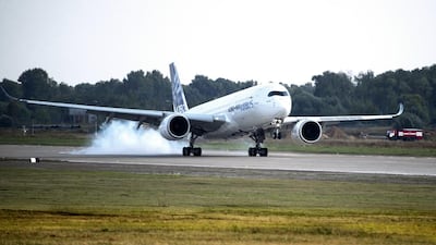 An Airbus A350 XWB lands during the MAKS 2015 outside Moscow. Pavel Golovkin / AP Photo