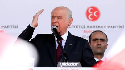 Devlet Bahceli, leader of Nationalist Movement Party (MHP), addresses his supporters during an election rally in Ankara, Turkey, on June 23, 2018. Stoyan Nenov / Reuters