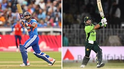 Shreyas Iyer, left, of India and Pakistan's Sahibzada Farhan. Getty Images