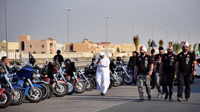 Bikers arrive at the Harley Davidson showroom for the rally. Shruti Jain / The National