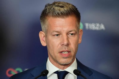 Peter Magyar, leader of the pro-European conservative TISZA party, speaks during the general election in Hungary. AFP