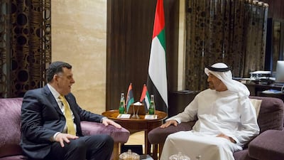 Sheikh Mohamed bin Zayed, Crown Prince of Abu Dhabi and Deputy Supreme Commander of the UAE, meets Fayez Al Serraj, head of Libya's Government of National Accord of Libya, at Al Shati Palace. ( Mohamed Al Hammadi / Crown Prince Court - Abu Dhabi )