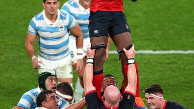 England's Maro Itoje wins a lineout at the Tokyo Stadium. Getty
