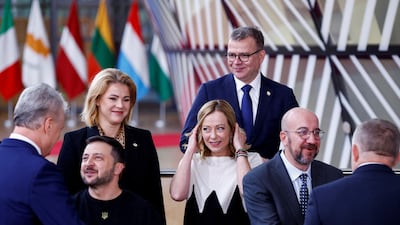 Italy's Prime Minister Giorgia Meloni with other EU leaders and Ukraine's President Volodymyr Zelenskyy in Brussels on Thursday. Reuters