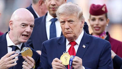 Fifa president Gianni Infantino, left, and US President Donald Trump during the 2026 World Cup final trophy ceremony. AFP