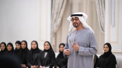 President Sheikh Mohamed delivers a speech on International Youth Day to an audience of young people. Photos: Rashed Al Mansoori / UAE Presidential Court