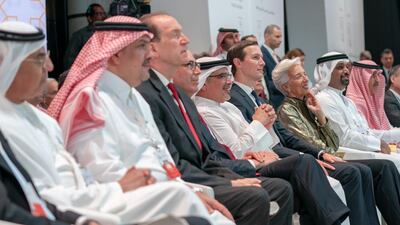 White House senior adviser Jared Kushner, fourth left, and Christine Lagarade, third left, managing director and chairman of the International Monetary Fund, attending the Peace to Prosperity conference in Manama, Bahrain. EPA